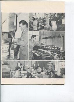 Pictures of an assembly line, a worker filling packets, working on a loom and workers busy with electric tools to perform a task
