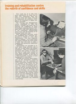 Training and rehabilitation centre report and pictures of a woman typing and two people playing chess