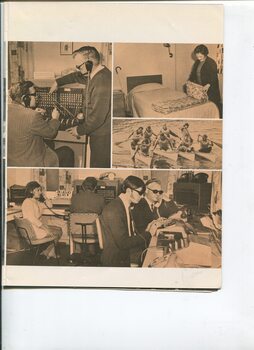 Pictures of people undertaking switchboard and reception training, paddling in a canoe and a woman folding sheets.