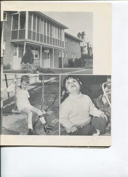 Pictures of front of Burwood building,  a boy with a leg brace on a swing and a little girl laughing