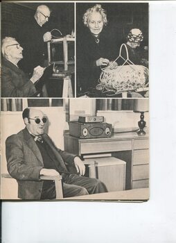Photographs of older people listening to the radio and weaving in a large room with others
