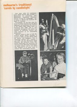 Report on Carols by Candlelight and pictures of a blind boy reading on stage, two female performers with harp and children in the crowd