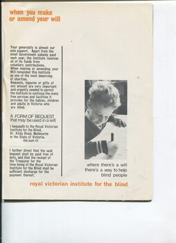 Form of bequest with image of schoolboy using a large pencil