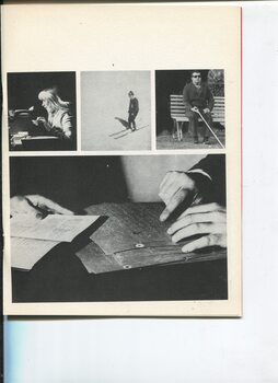 Girl using typewriter, man skiing, man on park bench with cane, two pairs of hands - one holding print the other reading Braille