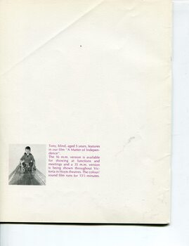 Description of Tony, blind boy on cover, and role in "A Matter of Independence" -a film he appears in