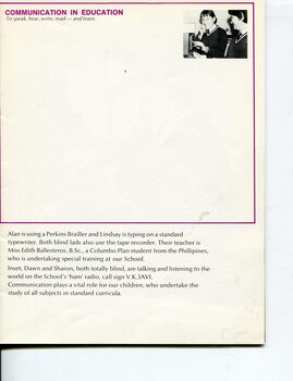 Prev. page: Alan using a Perkins, Lindsay a typewriter watched by Edith Ballesteros, and top of page, Dawn and Sharon listening on the ham radio