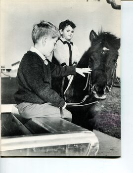 One boy sits on top of a pony whilst another sits on a structure and pats the horse's head