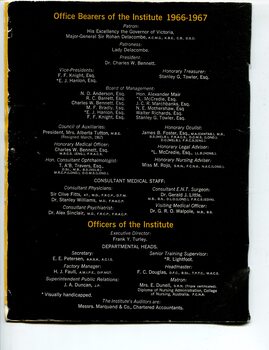 List of Main Office Bearers, including consulting medical staff and Patrons