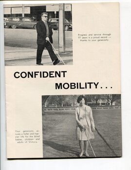 Man crossing road and woman walking across grass at St Kilda Road, both with canes