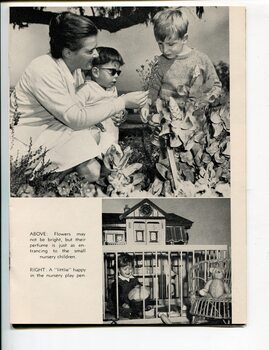 Nurse with two young boys in garden exploring plants and toddler in play pen at nursery with doll house behind