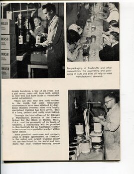 Three images of packaging at the factory: detergent, nuts and bolts and unidentified tin