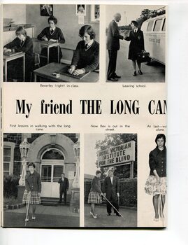 Student Beverley in class, with school bus and using a long cane watched by Dr Hoover