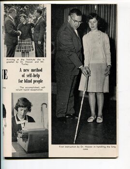 Beverley being greeted by Dr Hoover and Mr Turley, typing and learning how to use the long cane