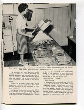 Woman operating duplicators for creating copies of talking books