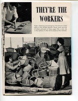 Man finishing coir mat with 'F.M.H.' printed on it and two women handle cane baskets which have been stacked in a pile