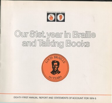 Orange circle with Louis Braille illustration and a hand and an ear coloured orange in a black square.