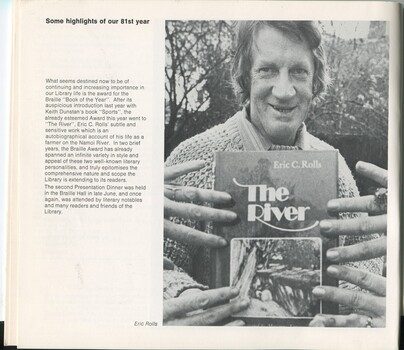 Eric Rolls holding his book 'The River' with hands reaching towards the book