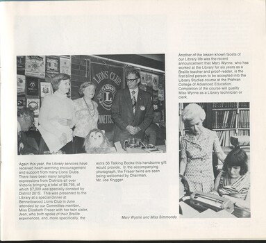 Elizabeth and Jean Fraser at Lions Club dinner with Joe Krygger, and Mary Wynne and Miss Simmonds in the Braille library
