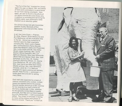Dudley Sherlock with Valma Whitehead and the tame (paper mache) elephant at the 'Fun at the Fair' event