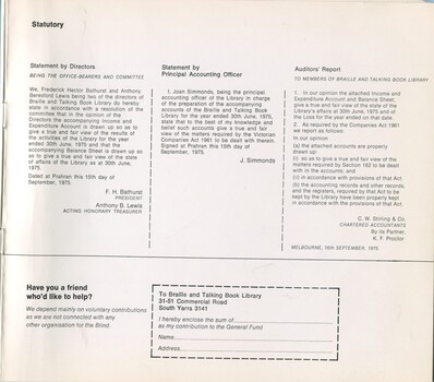 Statutory statements by Directors, Accounting Officer and Auditors.  Information on how to donate.