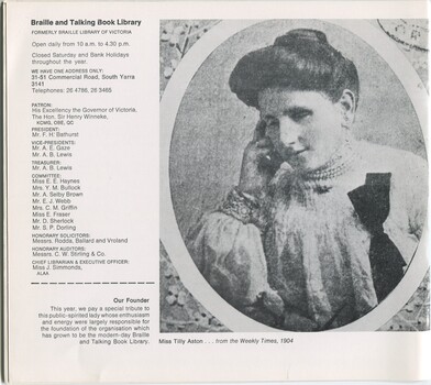List of Patron, President, Committee and Senior Staff, and reprint of newspaper photograph of Tilly Aston