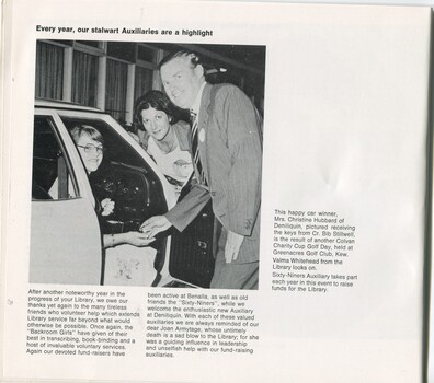 Bib Stillwell hands keys to car winner Christine Hubbard with Valma Whitehead looking on