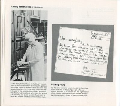Alice McClelland at the library and a postcard from Grade 3A at Dorcas Street Primary School