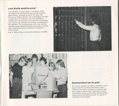 E. Mary Cooper picking a cassette from the racks and Joan Harris demonstrating Braille to a group of teenagers