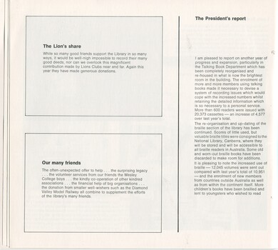 Thanking supporters and Lions Clubs and the President's Report