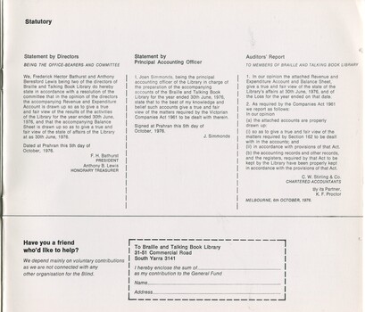 Statutory statements by the directors and auditors report, with information on how to make a donation