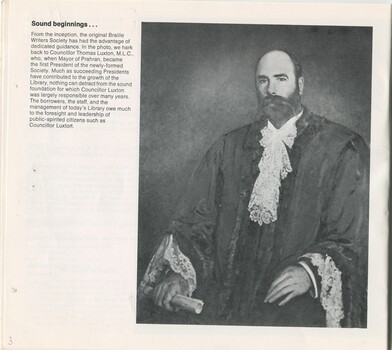 Portrait of Thomas Luxton, first president of the Braille Writers Society