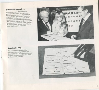Moomba Queen Deanna Debona looks at Braille with Tony O'Shea and Dr David Wluka, and a tactile map for Melbourne University