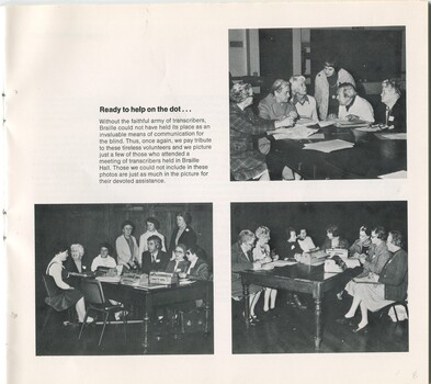 Photographs of transcribers at a meeting held at Braille Hall