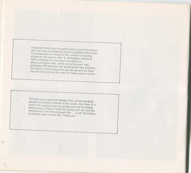 Acknowledgement of Joan Cunnington's 789 volumes transcribed and thanks to Wesley College boys for their assistance
