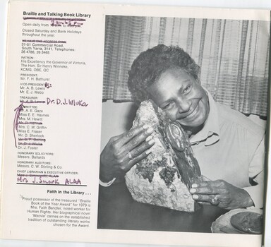 List of Patrons, President, Committee and Senior Staff and photo of author Faith Bandler holding the Braille Book of the Year sculpture whilst seated