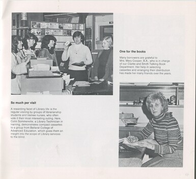 Colin Sommeville showing a group of women a talking book and Mary Cooper sits writing at a desk