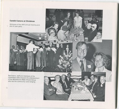 Two photographs of people around a table at the Christmas party, the Whitethorns Male Choral Group in action and Mr and Mrs Bathurst