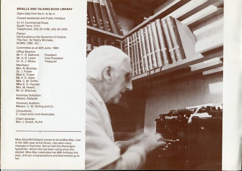 List of Patrons, President, Committee members and Senior Staff and photograph of Alice McClelland using her typewriter in the library