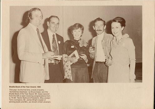 Hector Bathurst, Bruce Dawe, Jocelyn Terry, James Wright and Jan Smark holding glasses to celebrate Braille Book of the Year