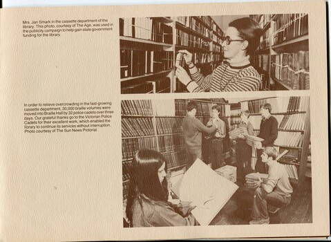Jan Smark putting talking books on shelves and police cadets moving braille