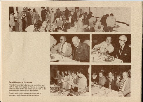Five photographs of groups at the end of year party in Braille Hall
