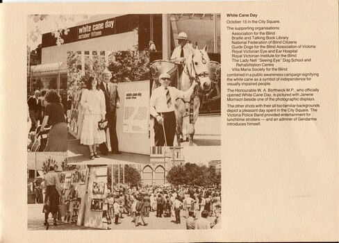 Photos from White Cane Day: Janene Morrison with W.A.Borthwick MP, man holding Gendarme, crowds looking at displays