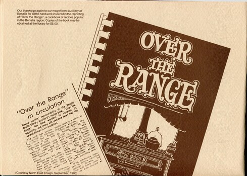 Front cover of 'Over the Range' cookbook and newspaper clipping
