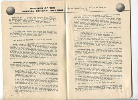 Minutes of Special AGM, appointment of 2 trustees, extension of membership to include readers, incorporation and name change of VABW to BLV