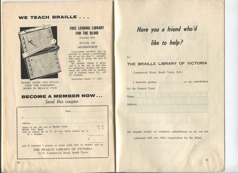 Advertisement for teaching Braille and becoming a member of the library