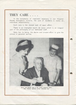 Nurse Joan Rendle hands resident Austin Anderson a cup of tea whilst Theresa Spalazzi looks on