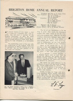 Brighton Home update with image of J Hutton presenting a TBM to Matron J Bussell and resident E Kelson
