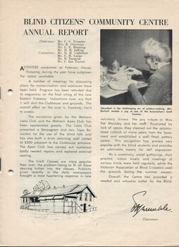 Blind Citizens Community centre report with drawing of Paterson House and image of Mrs Gerlach creating a pottery jug