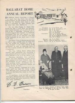 Ballarat Home Annual report with image of Cr C Brown receiving the gift of chairs from Mr & Mrs Frank Opie whilst a resident sits on one
