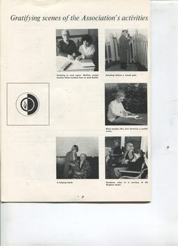 Images of clients learning to read, beside a closed gate, brailling and residents in nursing homes